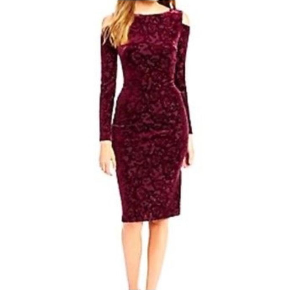 Maggy London burgundy red wine velvet scroll midi long sleeve party dress 6